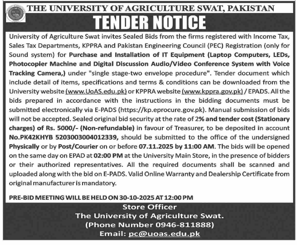 The University of Agriculture Swat Tender Notice